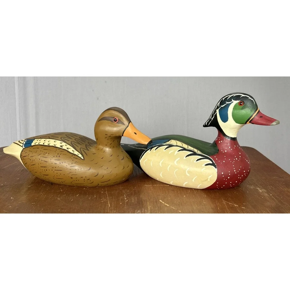 Vintage Hand Carved Wood Duck Decoy Pair Drake Hen Hand Painted Folk Art